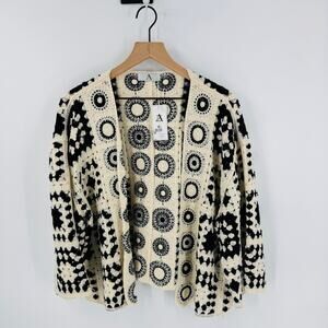Boutique Crochet Cardigan Sweater Jacket Black Cream Open Front NWT One Size